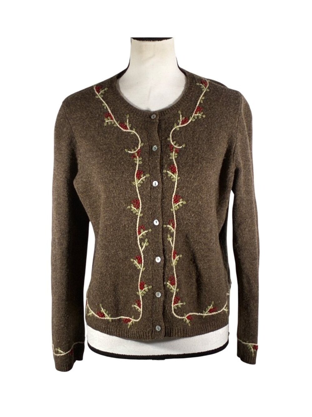 Natural Instincts vintage Brown Lambswool baby Cardigan Floral Embroidery Size L